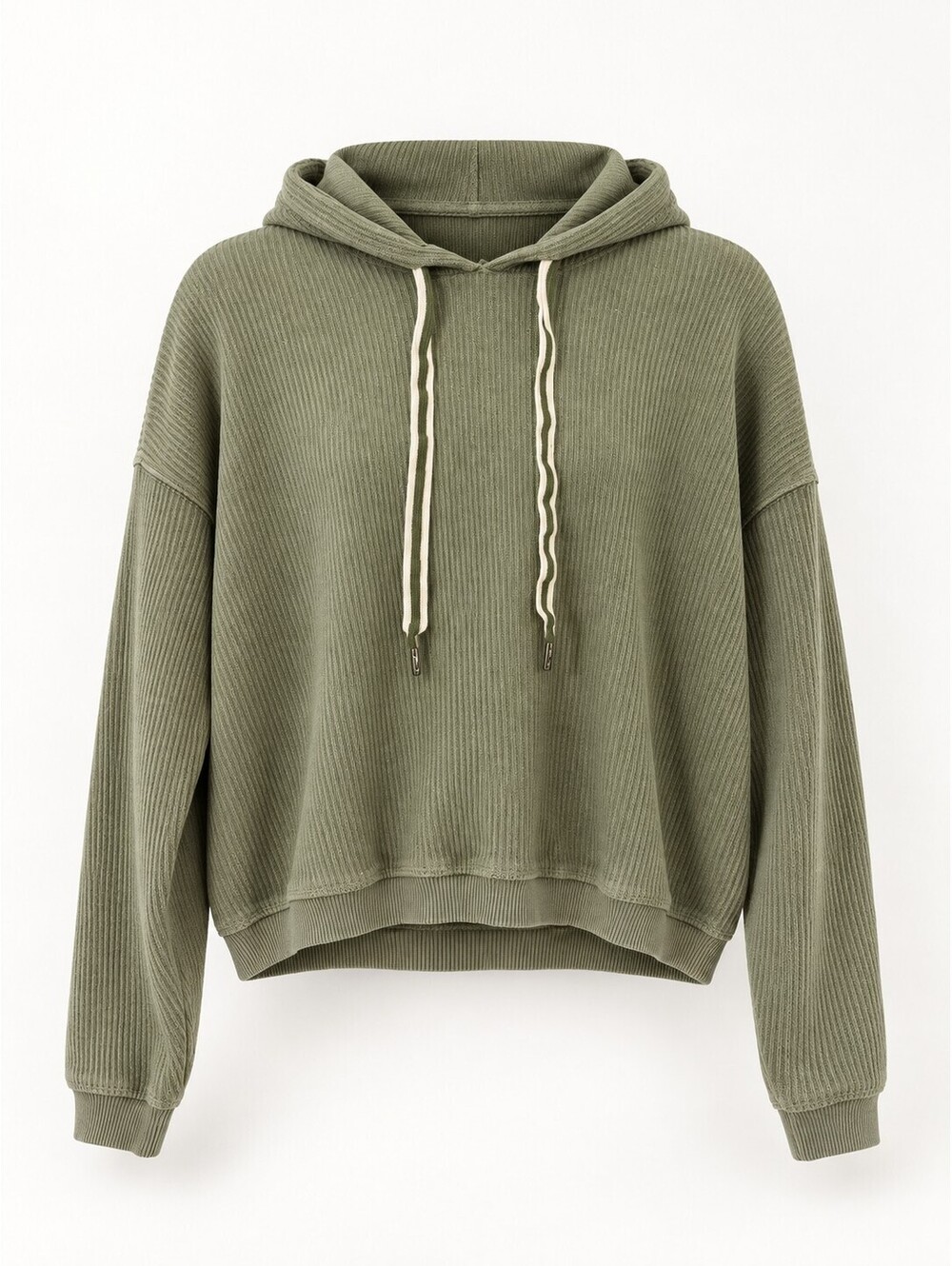 Aerie Olive Green Ribbed Cropped Pullover Hoodie Women’s S Cotton